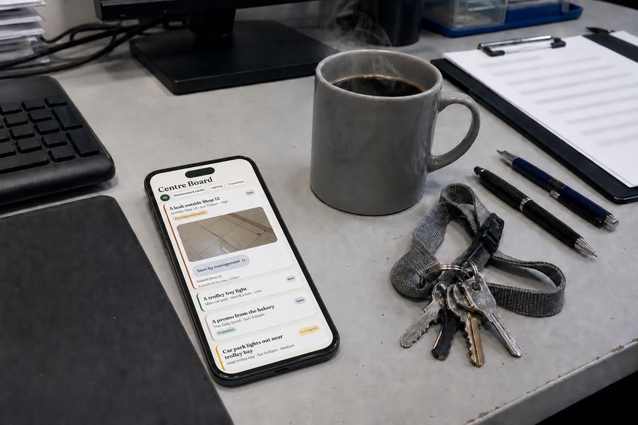 A coffee mug beside a phone on a desk, the phone showing the CentreOS Centre Board.